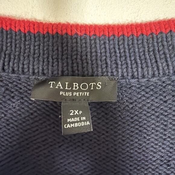 Talbots Plus Petite XL Tipped Heart V-Neck Navy Cardigan Pink Heart Valentines - Picture 6 of 11